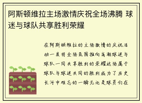 阿斯顿维拉主场激情庆祝全场沸腾 球迷与球队共享胜利荣耀